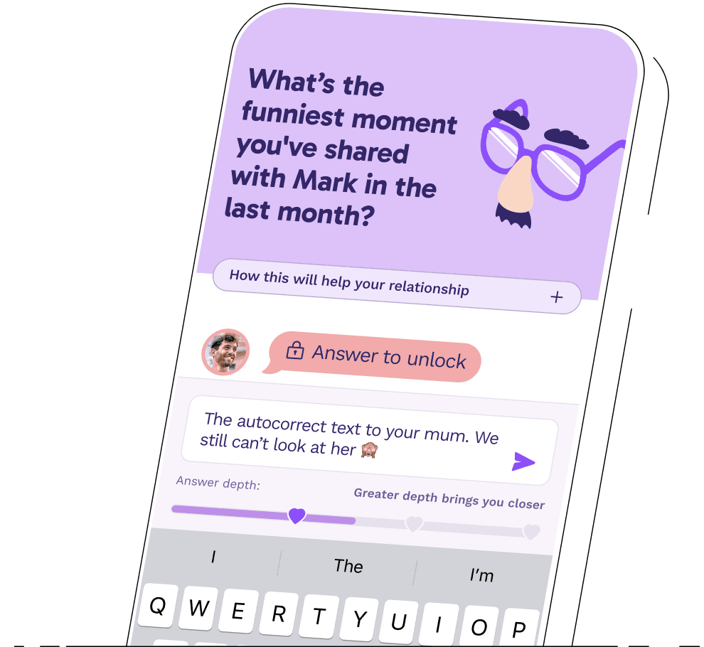 The Paired app showing the daily question “What’s the funniest moment you’ve shared with Mark in the last month?”, with the partner’s answer locked until you reply