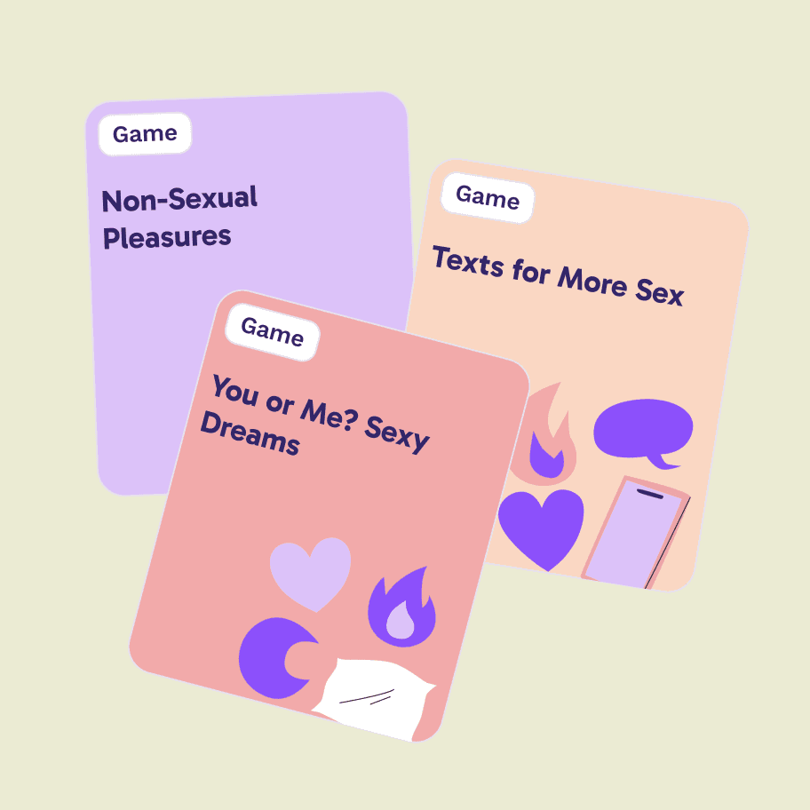 Three Paired game cards: “Non-Sexual Pleasures”, “Texts for More Sex” and “You or Me? Sexy Dreams”