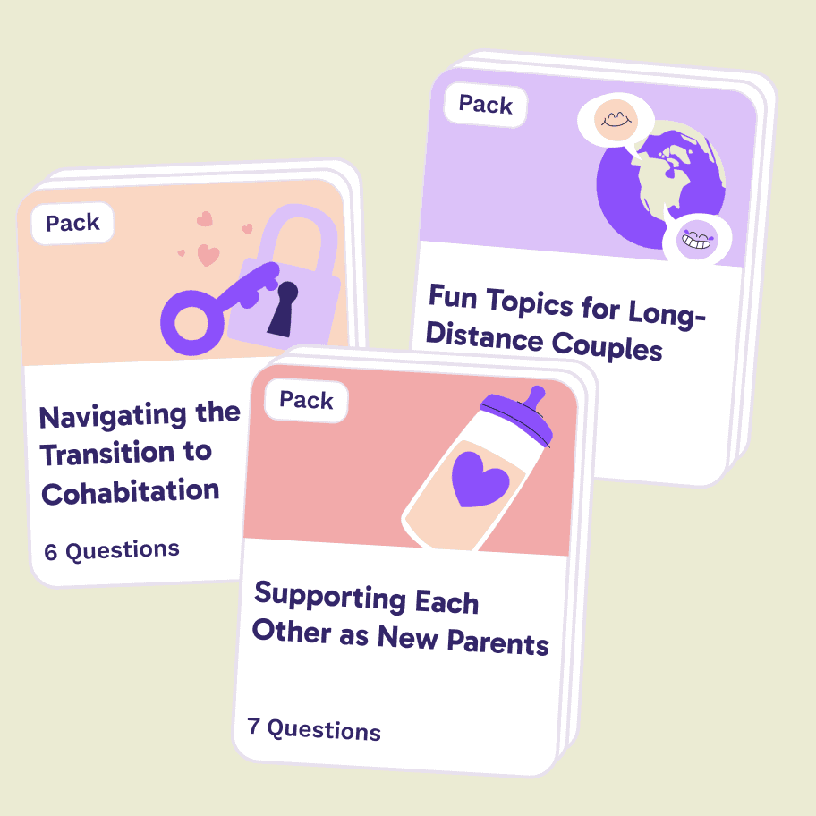 Three Paired question packs: “Navigating the Transition to Cohabitation”, “Fun Topics for Long-Distance Couples” and “Supporting Each Other as New Parents”