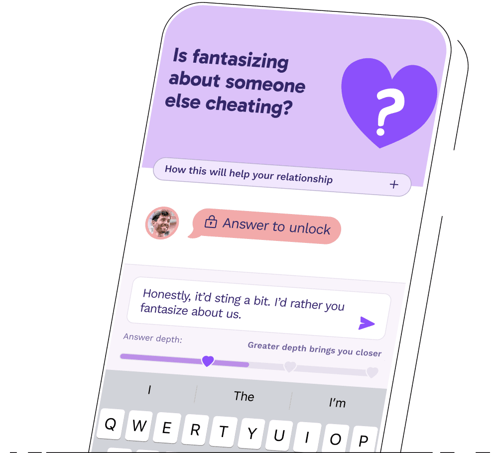 The Paired app showing the daily question “Is fantasizing about someone else cheating?”, with the partner’s answer locked until you reply